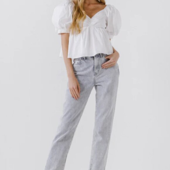 English Factory Women Woven Blouse - Short Puff Sleeve Top in White - Picture 2 of 3